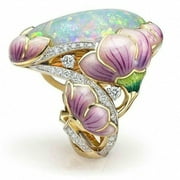 Clearance Deals Rings for Women 18K Solid Gold Floral Lavender Fuchsia Lotus Enamel Oval Cut Fire Opal Band Rings