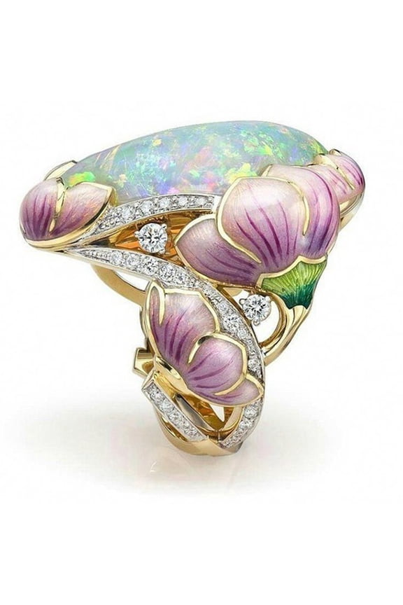 Women Rings Solid Gold Floral Lavender Fuchsia Lotus Enamel Oval Cut Fire Opal Band Engagement Rings Size 5