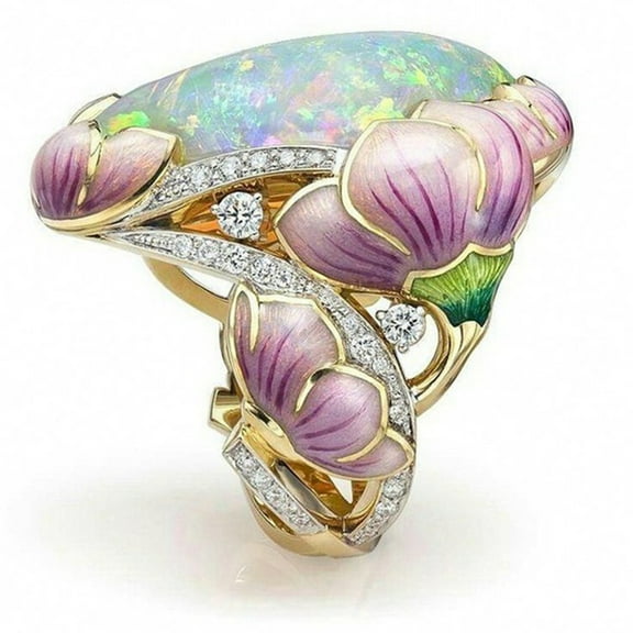 Rings for Women Solid Gold Floral Lavender Fuchsia Lotus Enamel Oval Cut Fire Opal Band Rings Gifts for Valentine's Day