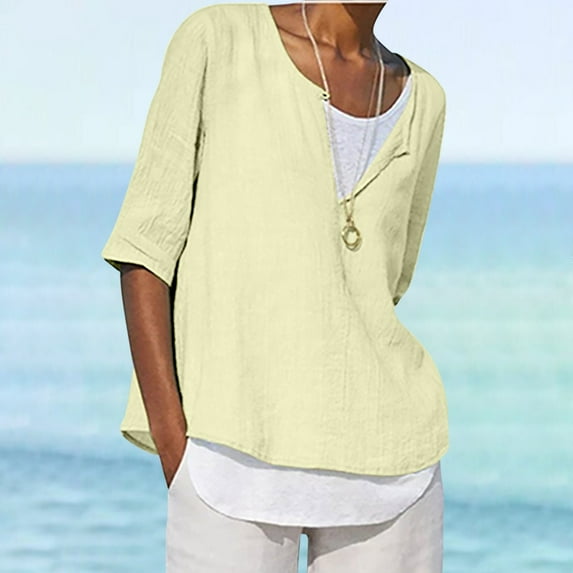 Abomasnow Women's Plus Size Cotton Linen Shirts Fashion 3/4 Sleeve V Neck Curved Hem Tunic Tops, Sizes S-XXXXXL