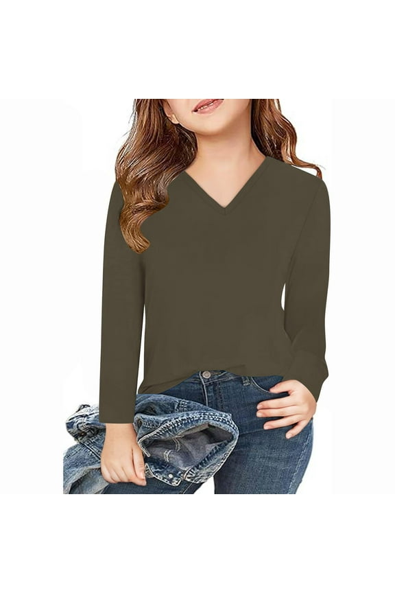 Long Sleeve Kids Shirts Girls Casual V Neck Blouse Basic Solid Color Tops Spring Tshirt Top