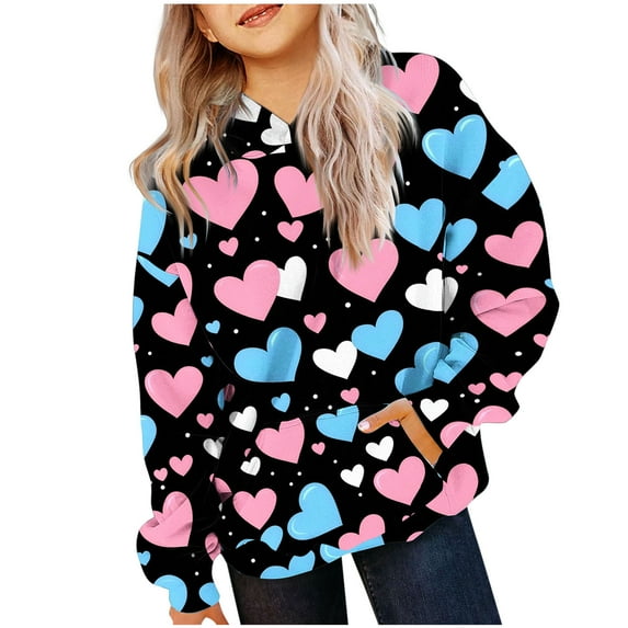 Clearance Deals Sales Pullover Hoodies for Teen Girls Love Heart Print Sweatshirts Long Sleeve Drop Shoulder Top Valentine Shirts with Pocket