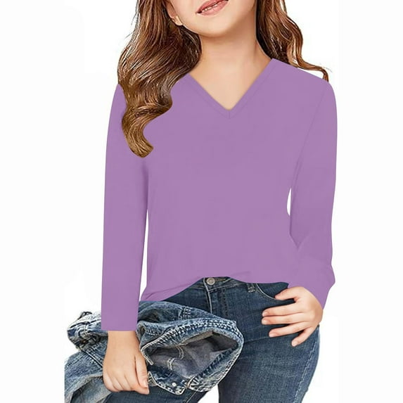 Girls Shirt V Neck Kids Shirt Long Sleeve Tee Shirts Girls Solid Color T Shirt Blouse for Girls Size 14-16