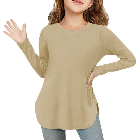Kids Long Sleeve Shirts Girls Solid Color Pullover Tshirt Round Neck Blouse Tops Basic Tunic Shirt Hem with Side Slit