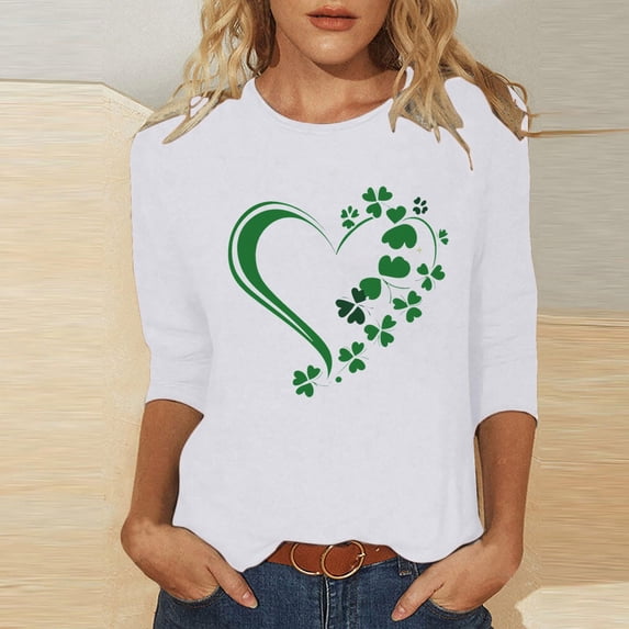 Today St. Patrick's Day Shirts for Women 3/4 Sleeve Blouses Dressy Heart Shamrock T Shirt Round Neck Top Summer Pullover Tshirt