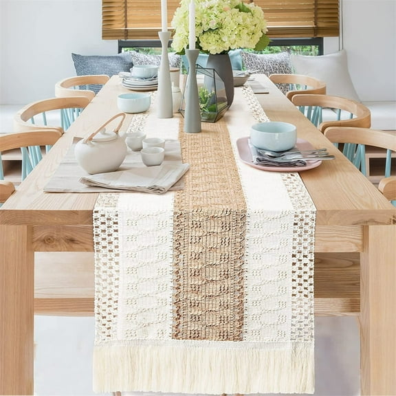 Clearance Decorative Table Banner under $10,Table Runners Natural Burlap Table Runner Splicing Cotton Boho Table Runner With Tassels For Wedding Bridal Shower Rustic Farmhouse Fall Christmas