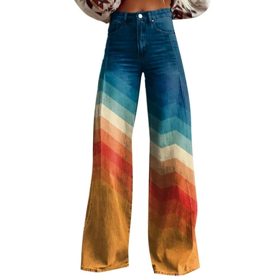 Delayuji Black Jeans Womens High Waisted Fleece Lined Jeans Women High Waist Floral Patterned Pants Loose Fit Casual Colorful Trouser Imitation Jeans L Blue