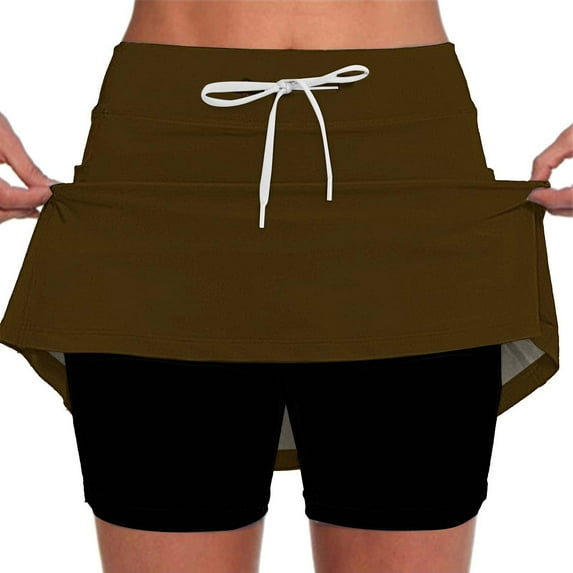 Clearance! Delayuji Black Skirt with Shorts Fashionable Casual Sports Casual Skirt with Pocket Drawstring Solid Color Mid Waist Skirt Pants Xxl Brown