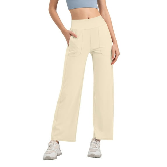 Delayuji Business Casual Pants for Women Promover Wide Leg Pants Woman Yoga Pants with Pockets Stretch Lounge Sweatpants Petite/Regular L Beige