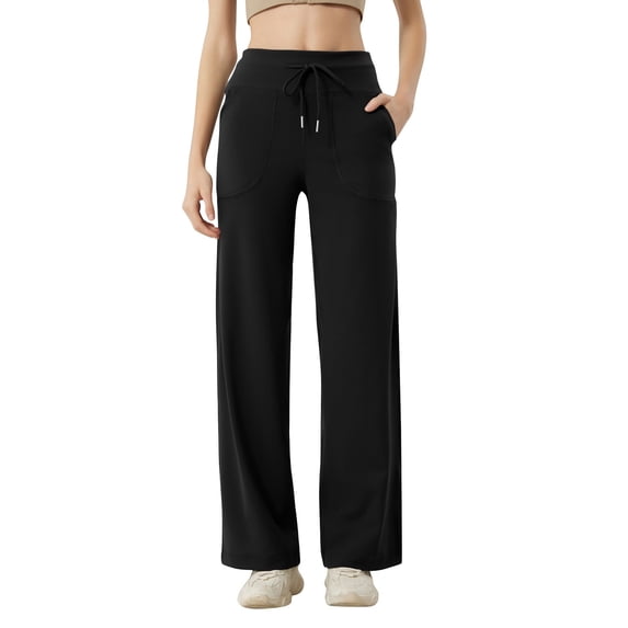 Delayuji Business Casual Pants for Women Wide Leg Pants for Women 2025 Yoga Pants High Waist Sweatpants with Pockets Stretch Lounge Pants Comfy Workout L Black