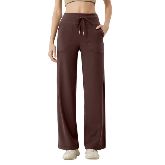 Delayuji Business Casual Pants for Women Wide Leg Pants for Women 2025 Yoga Pants High Waist Sweatpants with Pockets Stretch Lounge Pants Comfy Workout S Brown