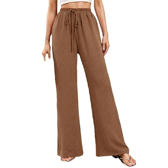 Delayuji Business Casual Pants for Women Wide Leg Sweatpants for Women Elastic High Waisted Drawstring Loose Pants with Pockets M Brown
