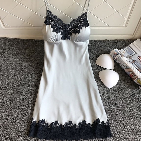 Clearance! Delayuji Crotchless Outfits Satin Sleepwear Women Ladies Nightwear Nightdress with Chest Pads Plus Size Silver Xxl