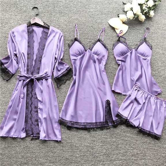 Delayuji Crotchless Outfits Sleepwear Women Lace Robe Dress Set Pajamas Nightdress Silk Plus Size Purple L