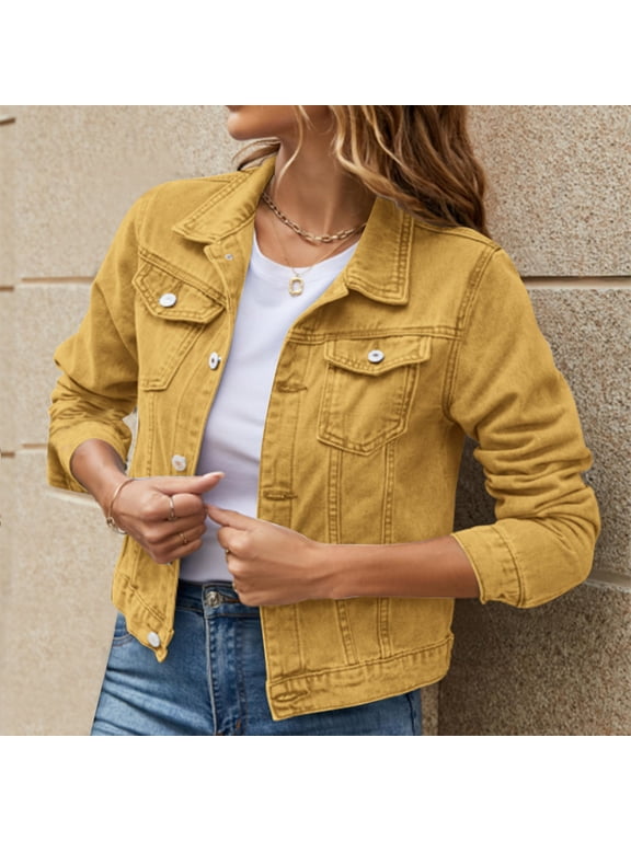 Women Jackets Clearance Sale Women'S Denim Jackets Women's Basic Solid Color Button Down Denim Cotton Jacket with Pockets Denim Jacket Coat Yellow S