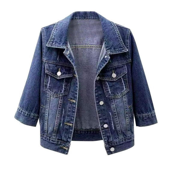Delayuji Denim Jackets for Women Trendy Women's 3/4 Sleeve Colored Cropped Denim Jacket Light Wash Jacket Coat Women's Denim Jackets Bu1 S