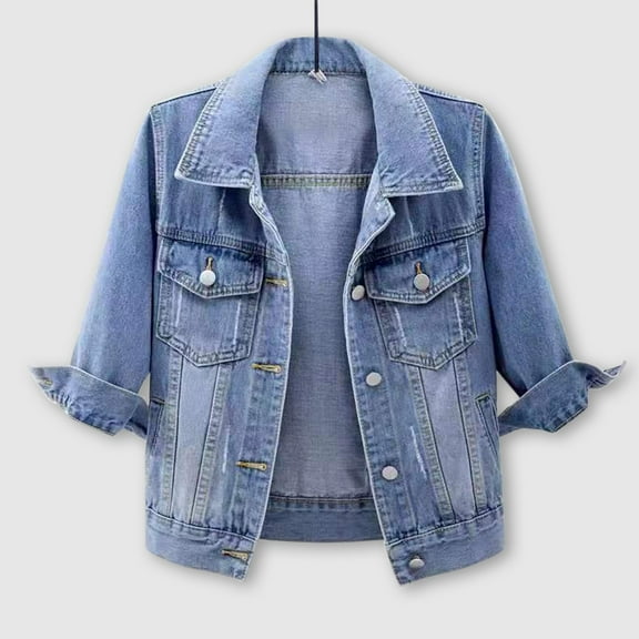 Delayuji Denim Jackets for Women Trendy Women's 3/4 Sleeve Colored Cropped Denim Jacket Light Wash Jacket Coat Women's Denim Jackets Blue S