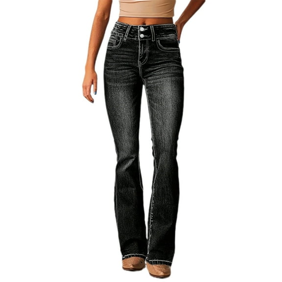 Clearance! Delayuji Fleece Lined Jeans Women Women's Trendy Stretchy Flare Jeans Mid Denim Pants L Black