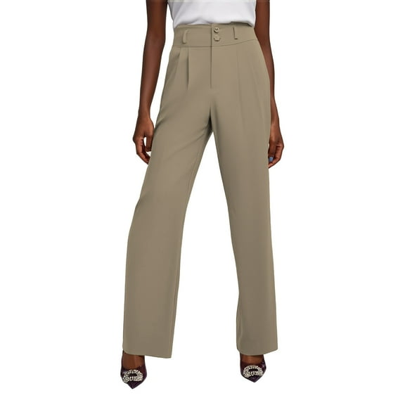 Delayuji Fleece Lined Pants Women Women High Waist Casual Wide Leg Long Palazzo Pants Button Down Loose Business Work Trousers with Pockets Womens Sweatpants L Brown