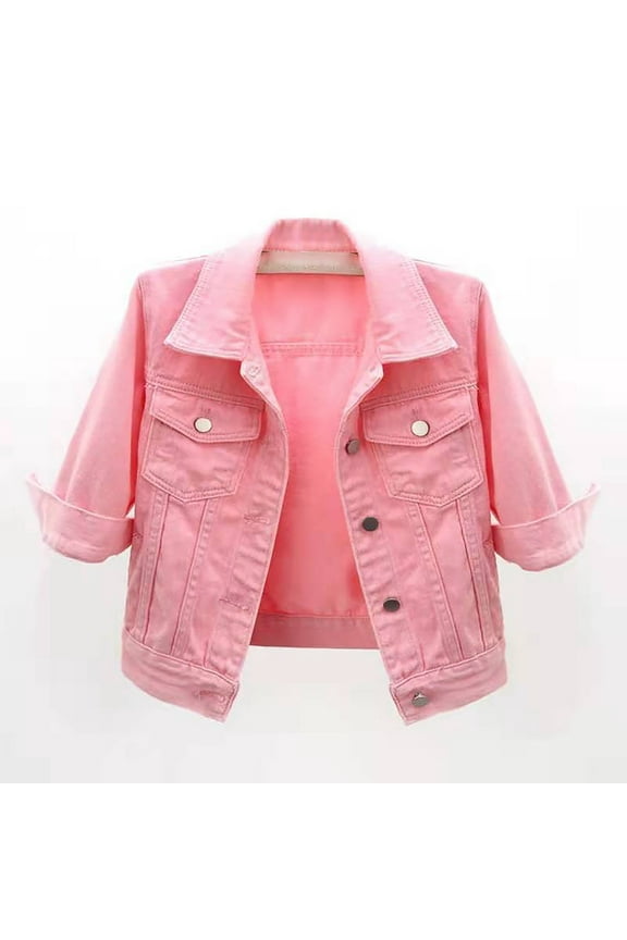 Jean Jacket Women Women's 3/4 Sleeve Colored Cropped Denim Jacket Light Wash Jacket Lohas Time Coat Casual Jackets for Women Pink L