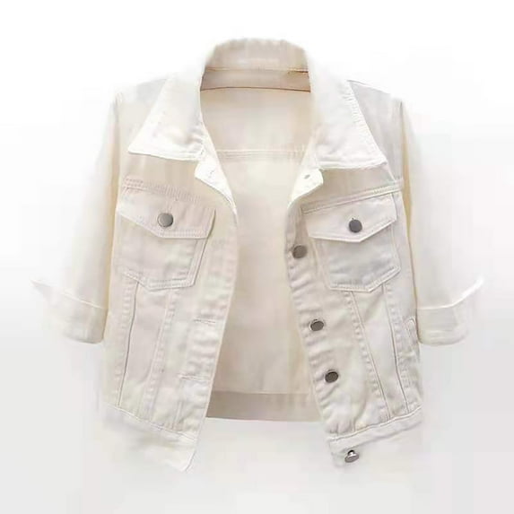 Clearance! Delayuji Jean Jacket Women Women's 3/4 Sleeve Colored Cropped Denim Jacket Light Wash Jacket Lohas Time Coat Casual Jackets for Women White L