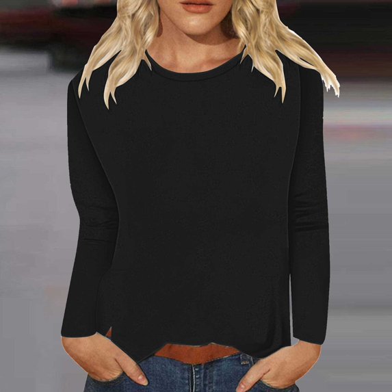 Delayuji Long Sleeve Going Out Tops for Women Casual Crew Neck Tops Fall Fashion 2025 Fitted Basic Tee Tunic Tops Pullover Womens Long Sleeve T Shirts Black L