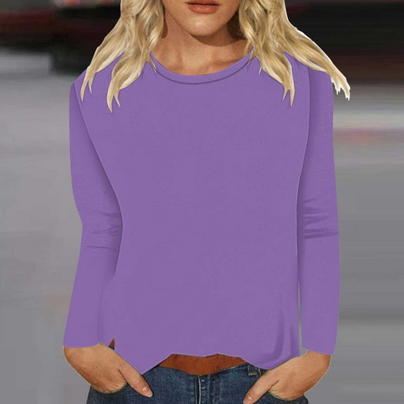 Delayuji Long Sleeve Going Out Tops for Women Casual Crew Neck Tops Fall Fashion 2025 Fitted Basic Tee Tunic Tops Pullover Womens Long Sleeve T Shirts Purple L