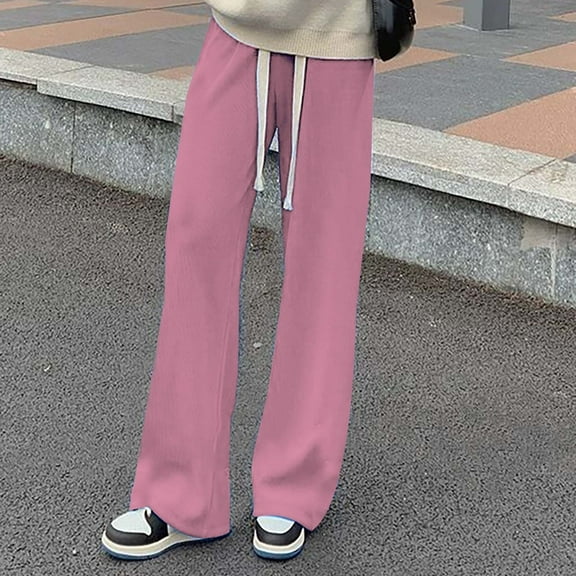Delayuji Petite Sweatpants for Women Loose High Waist Pressure Stripes Hundred Folds Wide Slimming Down Drag Straight Leg Casual Pants Fleece Lined Pants Women Pink M
