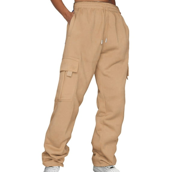 Delayuji Plus Size Snow Pants for Women Ladies' Solid Drawstring Elastic Waist Pocket Pants Slacks Plus Size Womens Clothing Brown Xxxxxl