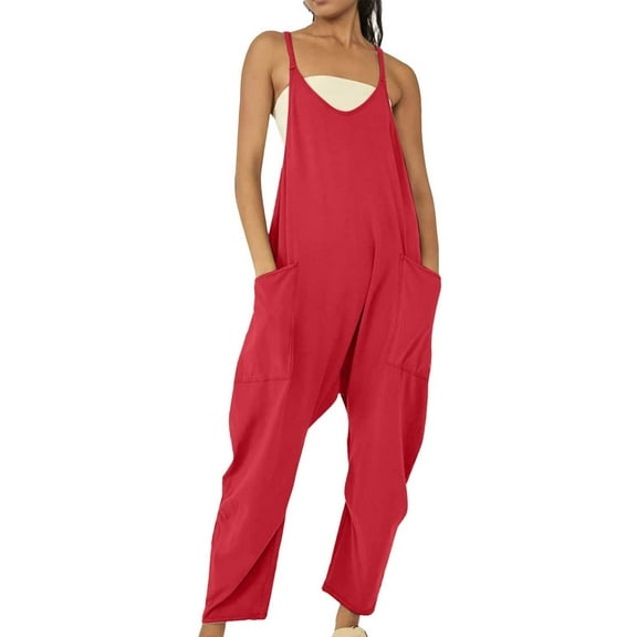 Clearance! Delayuji Plus Size Womens Clothing Xxxl Red Womens Casual Summer Jumpsuit Sleeveless Loose Solid Color Comfortable Strap Loose Jumpsuit Pocket Jumpsuit for Women