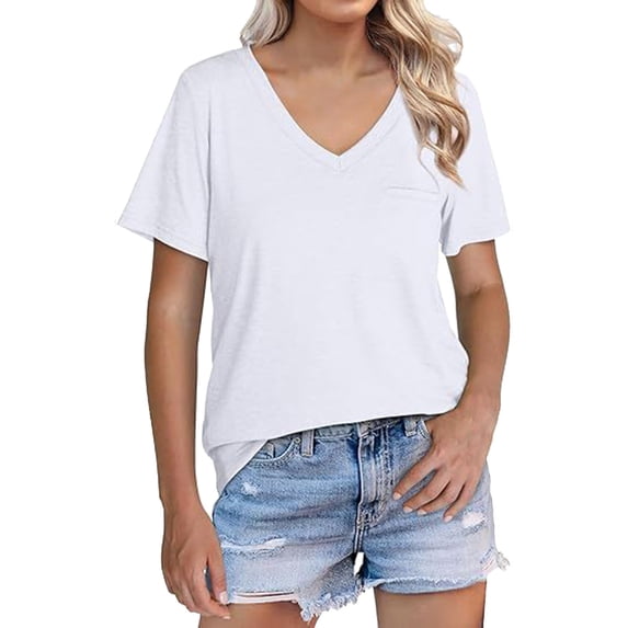 Clearance! Delayuji Short Sleeve Shirts for Women Womens T Shirts V Neck Cap Short Sleeve Summer Tops Trendy 2025 Loose Casual Tshirts with Pocket S White