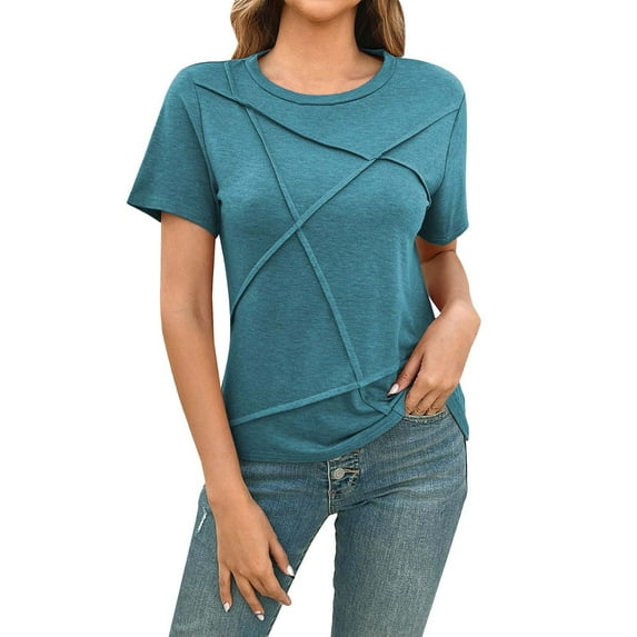 Clearance! Delayuji Short Sleeve Shirts for Women Womens Summer Tops 2025 Pleated Round Neck Short Sleeve Shirts Business Casual M Blue