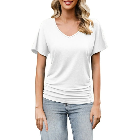 Clearance! Delayuji Short Sleeve Tops for Women L White Women's V Neck Tunic Tops Short Sleeve Ruched Blouse Shirts Loose Fit Shirts Casual Fashion Summer Tops Tshirt