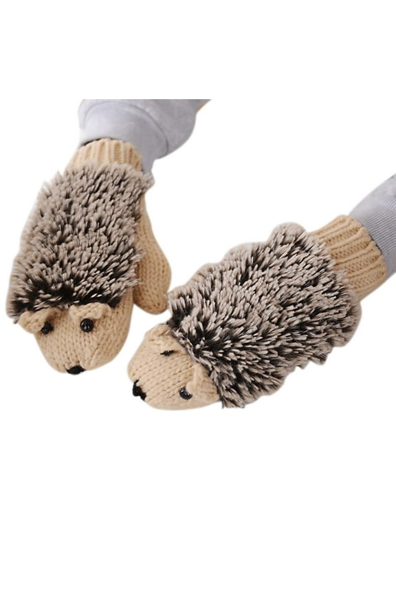 Ski Gloves Mittens for Women Women's Knitted Warm Cartoon Hedgehog Winter Fleece Cotton Thick Gloves One Size Beige