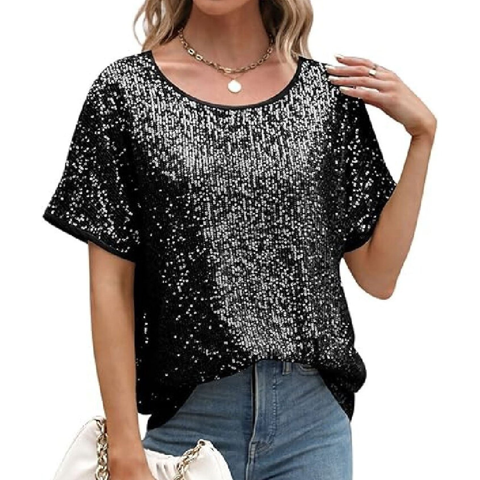 DDAPJ pyju Sequin Tops for Women 2025 Fashion Short Sleeve