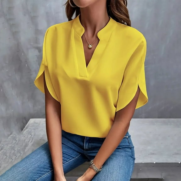 Delayuji Women Shirts Casual Summer Chiffon Blouses Sleeve Blouse Tops V Neck Ruffle Short Sleeve Tunic Tops for T Shirt Women Shirts Yellow Xl