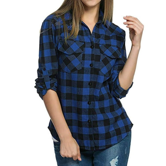 Clearance! Delayuji Women Shirts Dressy Casual Plaid Shirts for Long Sleeve Button Down Christmas Fall Jacket Women Shirts Blue L
