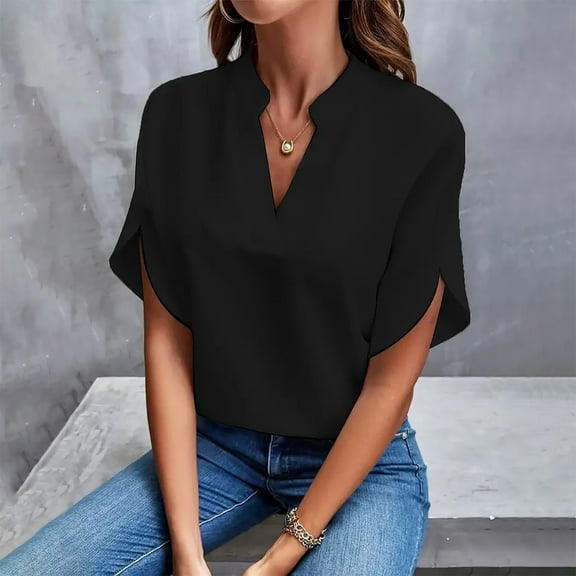 Delayuji Women Shirts Summer Chiffon Blouses Blouse Tops V Neck Ruffle Short Tunic Tops for T Shirt Women Shirts Dressy Casual Black Xxl