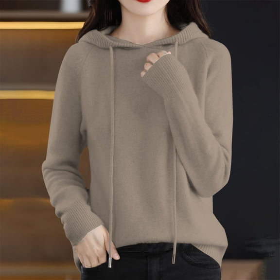 Delayuji Women Thermal Top Autumn Winter Solid Color Hooded Sweater with Drawstring Loose Casual Warm Knit Pullover Sweater Womens Thermal Tops Long Sleeve Brown Xl