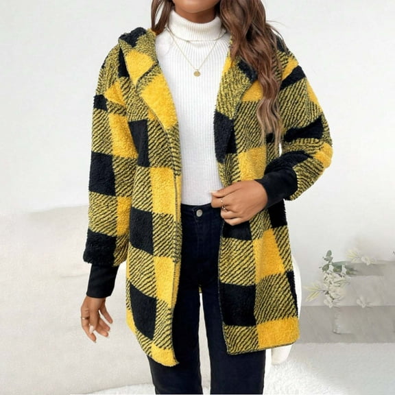 Delayuji Women Thermal Top Winter Coats Warm Plush Hooded Jackets Up Button Cardigan Trendy Plaid Fuzzy Outerwear Womens Thermal Tops Long Sleeve Yellow Xl