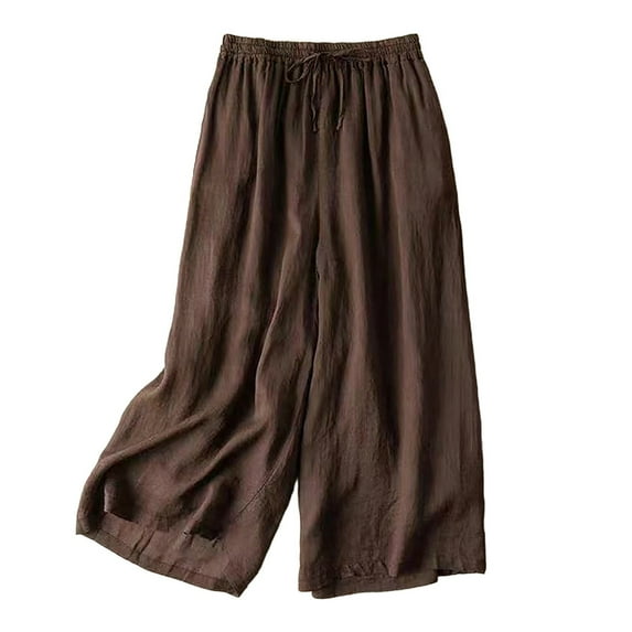 Delayuji Womens Casual Pants 2025 Casual Spring and Autumn Button Drape Japanese Wide Leg Lazy Cotton and Linen Elastic Loose Trousers for M Brown
