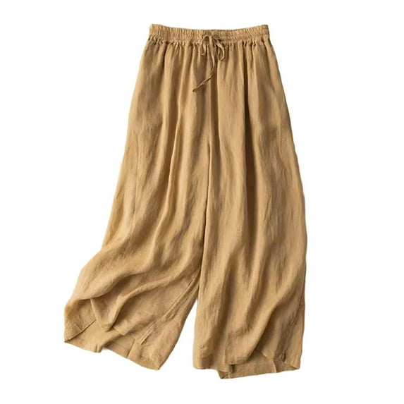 Delayuji Womens Casual Pants 2025 Casual Spring and Autumn Button Drape Japanese Wide Leg Lazy Cotton and Linen Elastic Loose Trousers for Xl Yellow