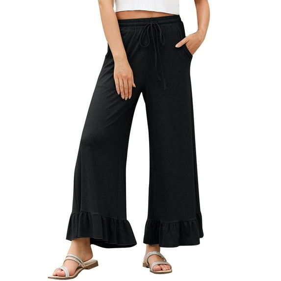 Delayuji Womens Casual Pants Wide Leg Pants Drawstring Elastic High Waisted Ruffle Hem Palazzo Pants with Pockets L Black