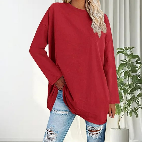 Delayuji Womens Long Sleeve T Shirts Plus Size Top Long Crew Neck Loose T Shirt Long Sleeve Shirts for Women Red M