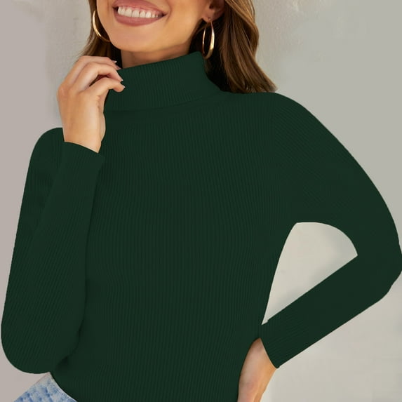 Delayuji Womens Long Sleeve Tops Solid Color Turtleneck Knit Base Shirt In Autumn and Winter with Women's Sweater To Wear The Top Womens Tops Green One Size