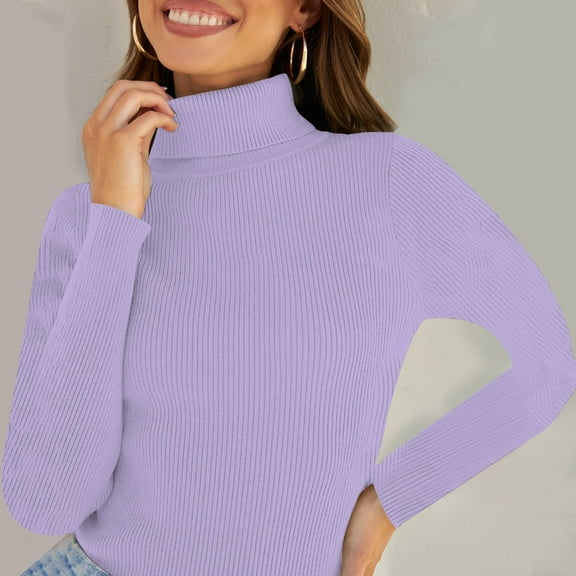 Delayuji Womens Long Sleeve Tops Solid Color Turtleneck Knit Base Shirt In Autumn and Winter with Women's Sweater To Wear The Top Womens Tops Purple One Size