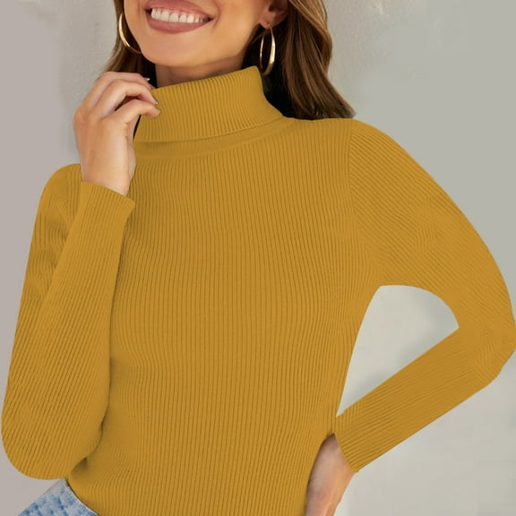 Delayuji Womens Long Sleeve Tops Solid Color Turtleneck Knit Base Shirt In Autumn and Winter with Women's Sweater To Wear The Top Womens Tops Yellow One Size