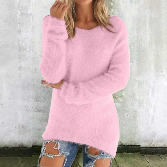 Delayuji Womens Long Sleeve Tops Women's Fashionable Long Sleeve Pullovers Loose Fuzzy Jumper Sweater Active Long Sleeve Tops for Women Pink S