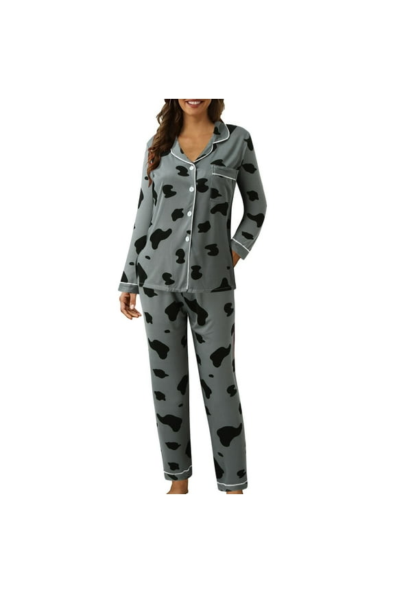 Womens Plus Size Pajama Sets Women Casual Lapel Button Peach Plaid Print Two Piece Long Sleeve Pajamas Pajamas Suit Pajama Sets Women Gray Xl