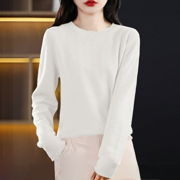 Clothing 2025 Delayuji Womens Pullover Sweaters Crew Neck Pullover Crocheted Cutout Sweater with Solid Color Base Sweater Pullover Sweaters for Women White S